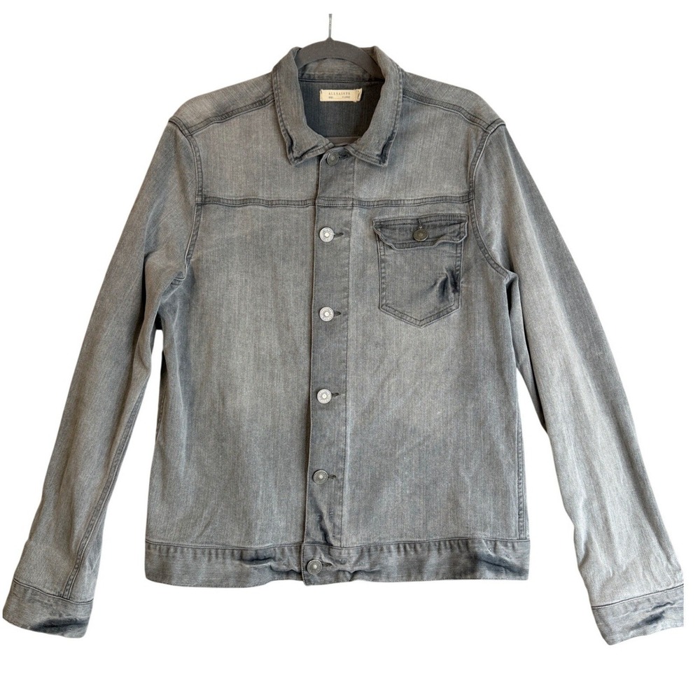 AllSaints Gray Denim Trucker Jacket Mens XL Distressed Wash Grunge Slim Fit